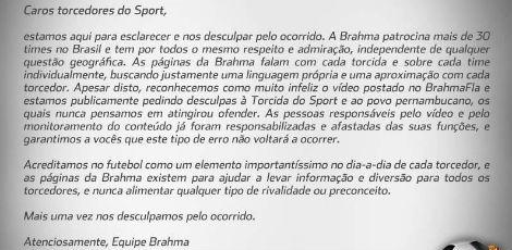 Texto do comunicado oficial da Brahma direcionado aos torcedores do Sport. / Imagem oficial retirado do BrahmaSport, no facebook.
