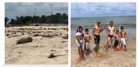 Rivaldo e familiares limpando a sujeira encontrada na praia de Paulista / Foto: divulgação/ Facebook