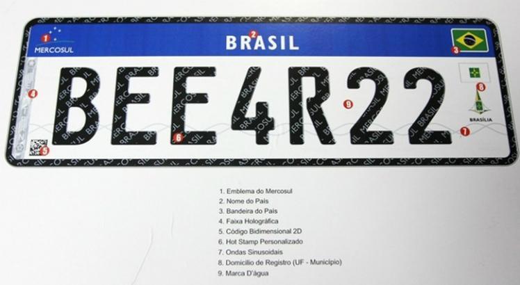 As placas têm fundo branco com a margem superior azul, contendo no lado esquerdo o logotipo do Mercosul e do lado direito a bandeira do Brasil / Foto: Divulgação