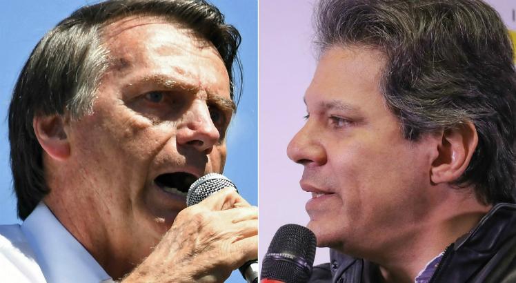 Segundo pesquisa, a vantagem de Bolsonaro sobre Fernando Haddad caiu de 18 pontos porcentuais para 6 / Fotos: AFP e Ricardo Stuckert